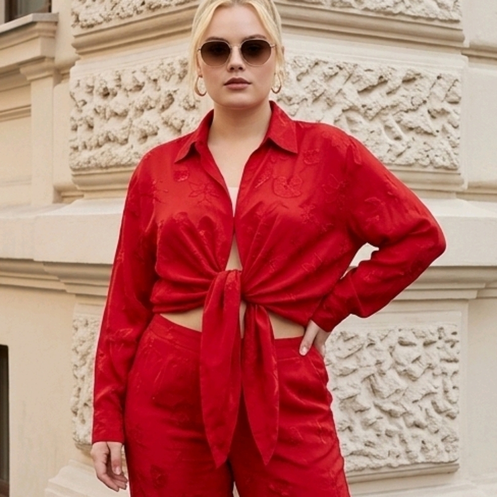 Chico's Red Tie-Front Embroidered Blouse